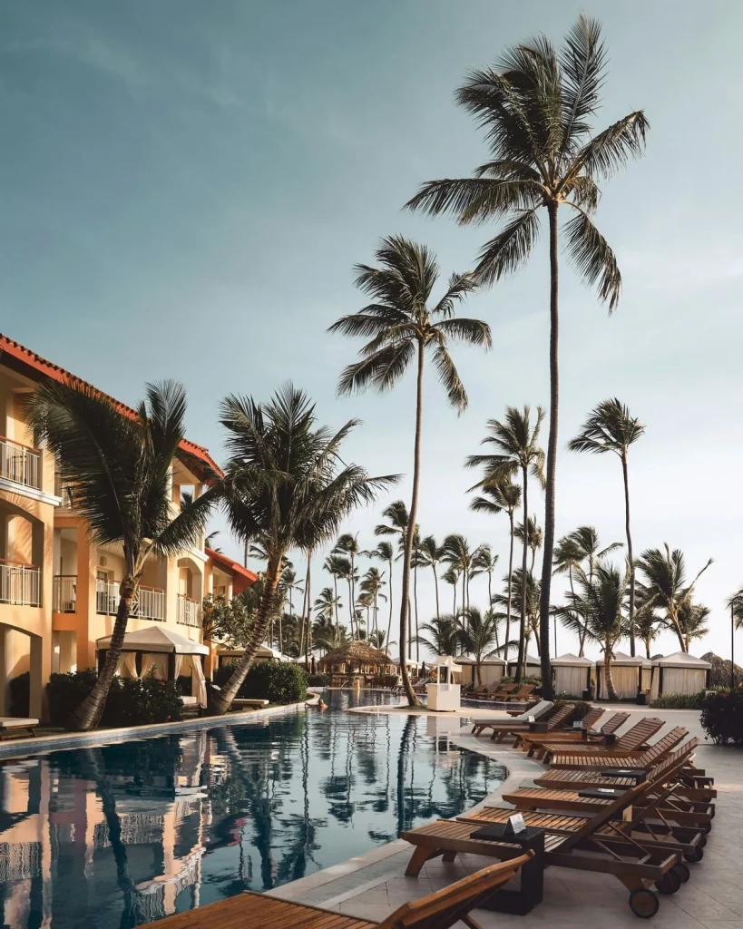 hotel pool with palm trees